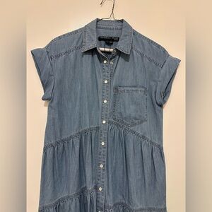 Veronica Beard Harrow Tiered Chambray Mini Shirt Dress